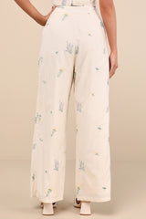 Rowena Cream Embroidered Wide-Leg Pants