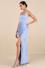 Red Carpet Romance Light Blue Satin Square Neck Maxi Dress