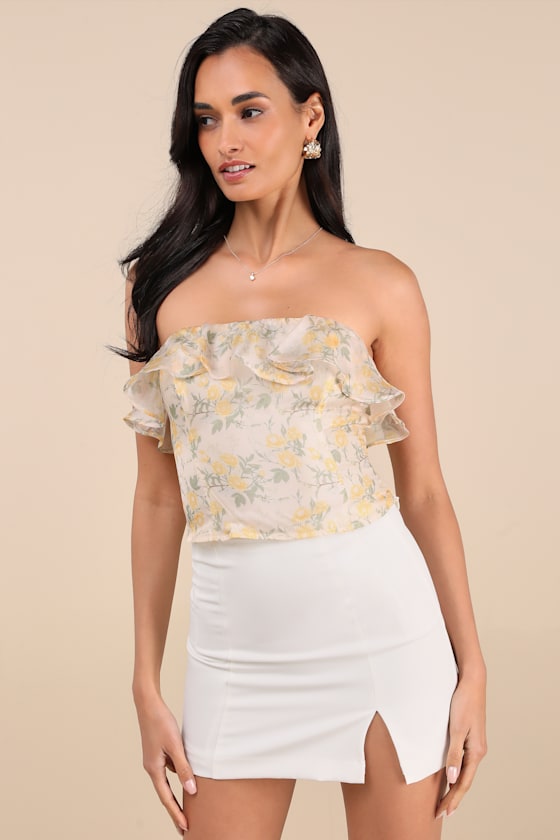 Natela Cream Floral Strapless Ruffled Top