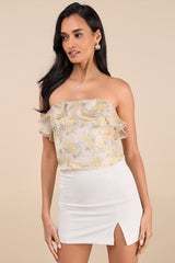 Natela Cream Floral Strapless Ruffled Top