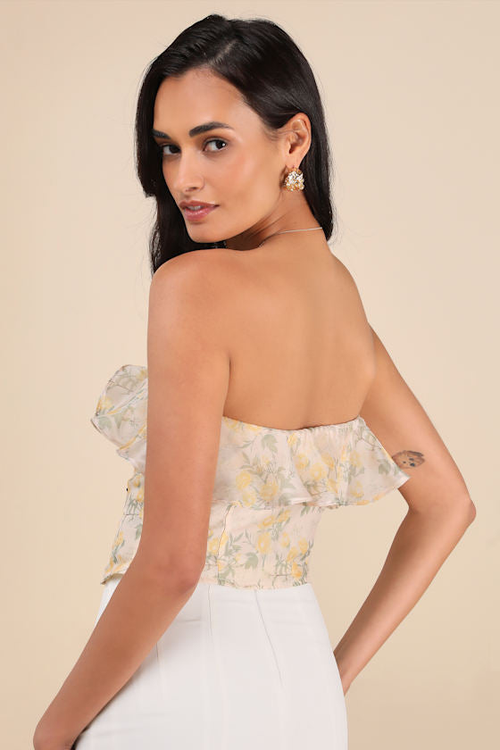Natela Cream Floral Strapless Ruffled Top