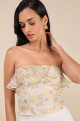 Natela Cream Floral Strapless Ruffled Top