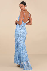 Mesmerizing Demeanor Blue Sequin Backless Mermaid Maxi Dress