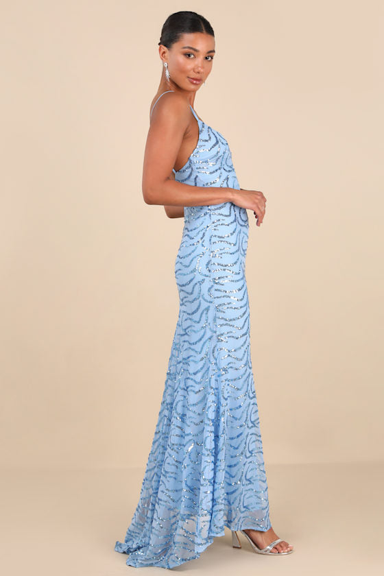Mesmerizing Demeanor Blue Sequin Backless Mermaid Maxi Dress