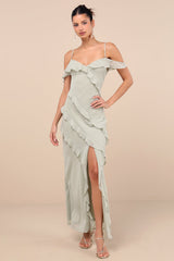Elara Light Sage Ruffled Maxi Dress