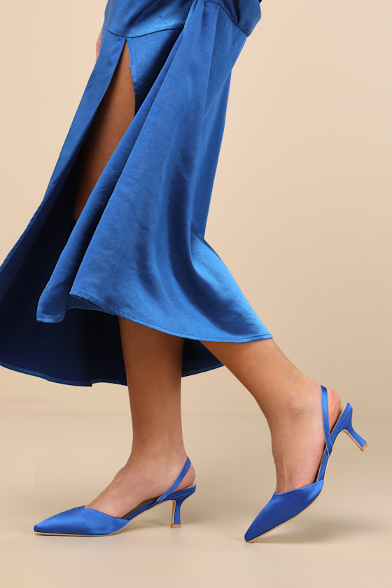 Leith Royal Blue Satin Kitten Heel Slingback Pumps