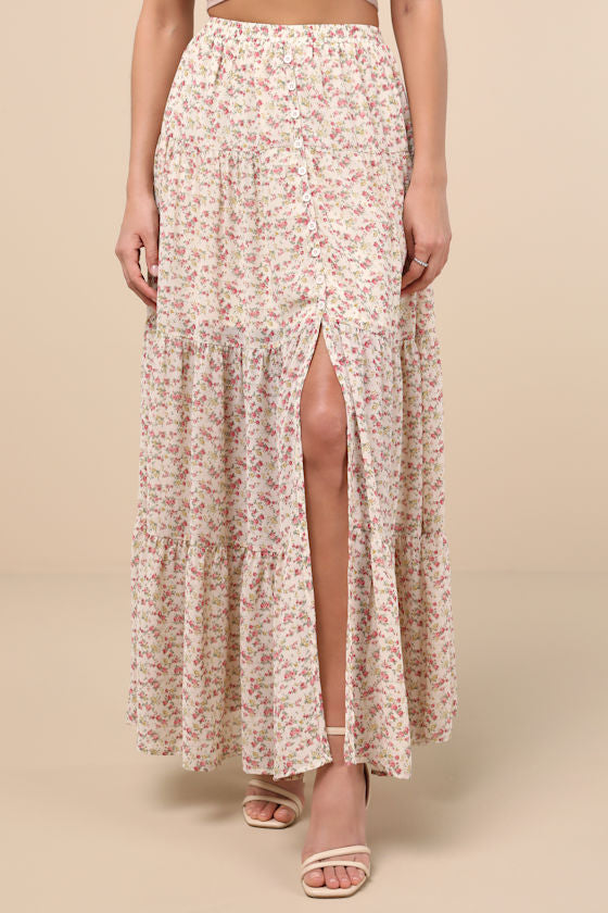Subtle Sweetness Cream Floral Print Tiered Maxi Skirt