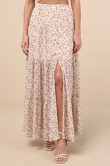 Subtle Sweetness Cream Floral Print Tiered Maxi Skirt
