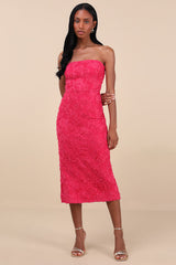Flawless Perfection Fuchsia Floral Applique Strapless Midi Dress