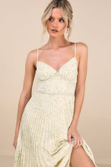 Darling Favorite Yellow Floral Sleeveless Pleated Midi Dress