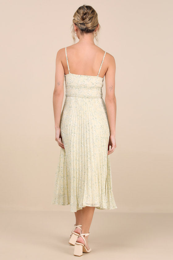 Darling Favorite Yellow Floral Sleeveless Pleated Midi Dress