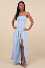Gemmi Light Blue Satin Jacquard Drop Waist Maxi Dress