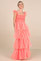 Tulle For Love Coral Pink Mesh Tulle Tiered Ruffled Maxi Dress