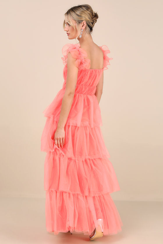 Tulle For Love Coral Pink Mesh Tulle Tiered Ruffled Maxi Dress