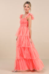 Tulle For Love Coral Pink Mesh Tulle Tiered Ruffled Maxi Dress
