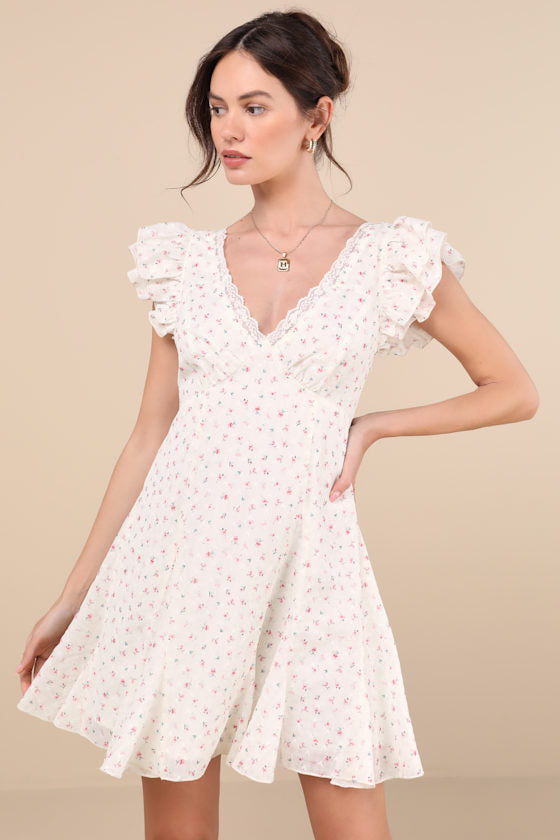 Eben Ivory Ditsy Floral Flutter Sleeve Mini Dress