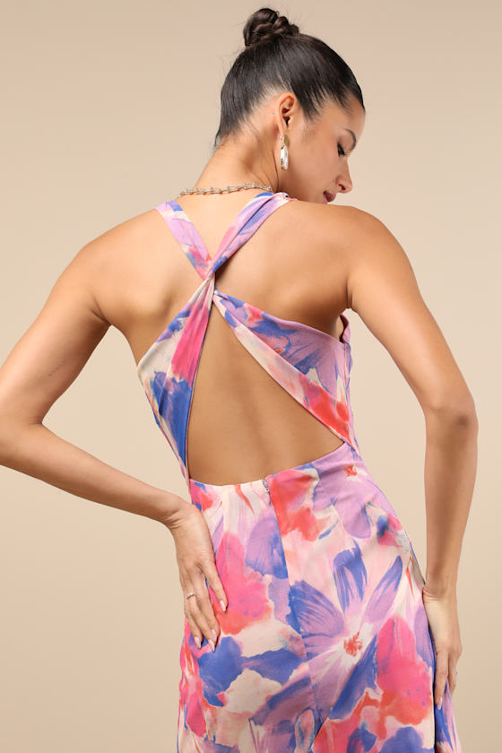 Delight in Elegance Pink and Blue Multi Floral Halter Midi Dress