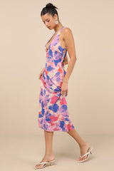 Delight in Elegance Pink and Blue Multi Floral Halter Midi Dress