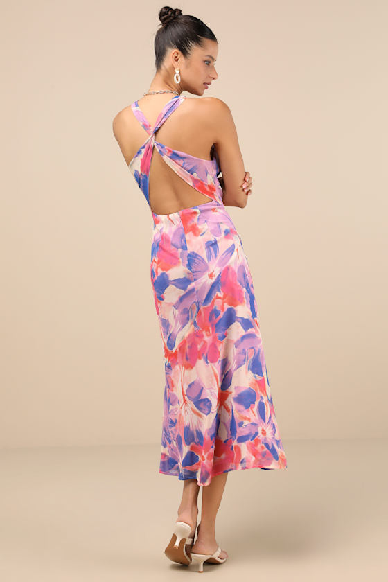 Delight in Elegance Pink and Blue Multi Floral Halter Midi Dress