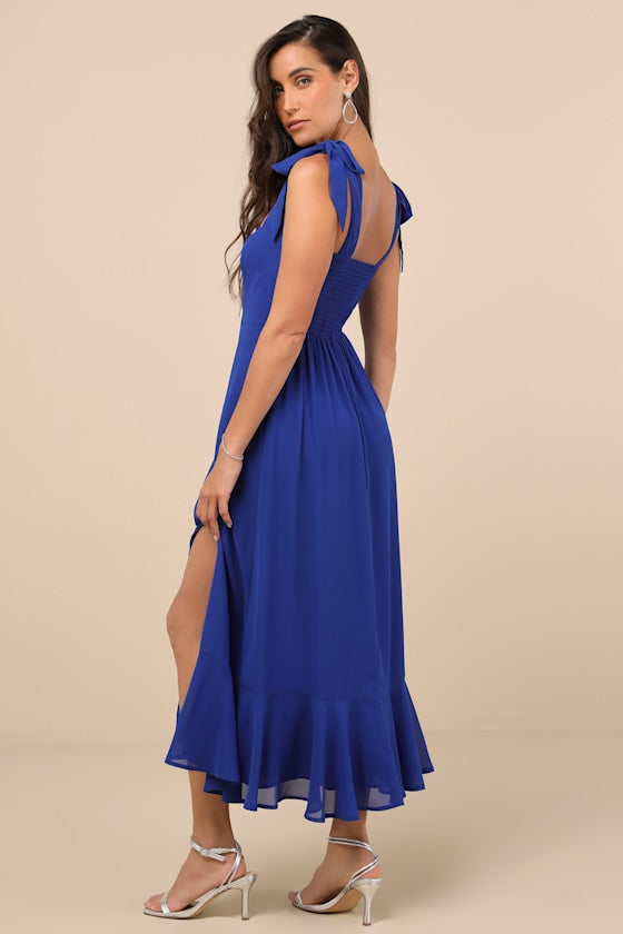 Summer Invite Royal Blue Tie-Strap Tiered Midi Dress