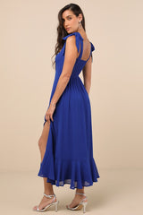 Summer Invite Royal Blue Tie-Strap Tiered Midi Dress