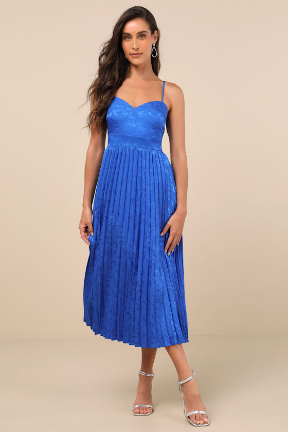 Regal Romance Blue Floral Jacquard Pleated Satin Midi Dress
