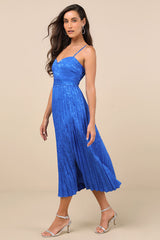 Regal Romance Blue Floral Jacquard Pleated Satin Midi Dress