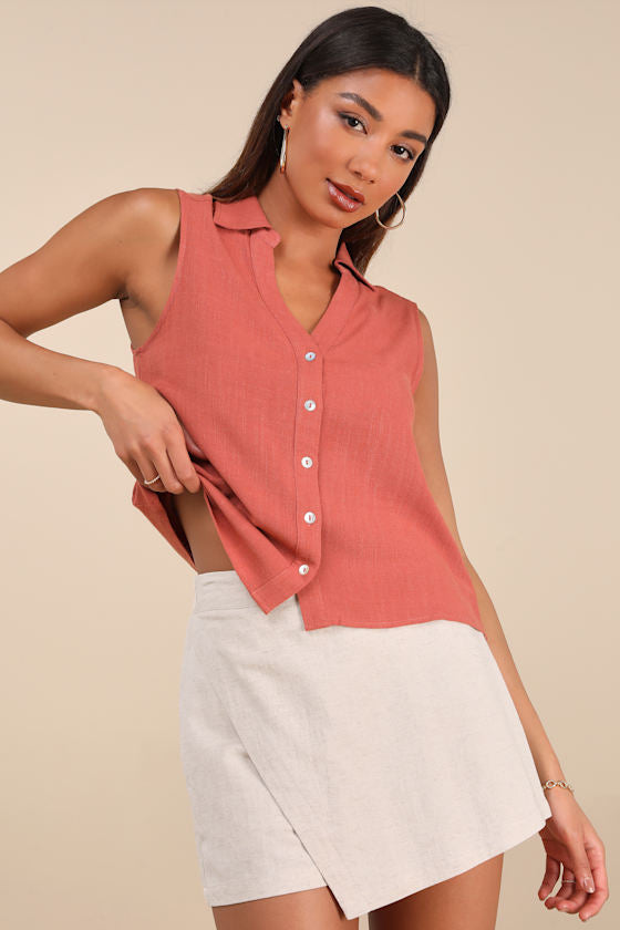 Casual Contentment Terracotta Linen Button-Up Collared Tank Top