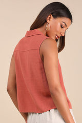 Casual Contentment Terracotta Linen Button-Up Collared Tank Top