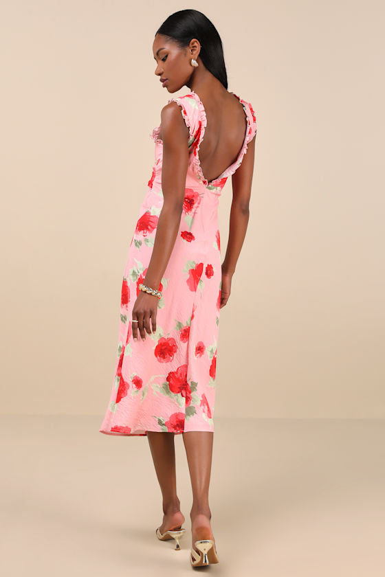 Clarrie Pink Floral Crinkle Satin Ruffled Midi Dress
