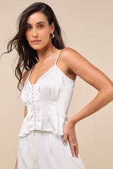 Kailany White Satin Pleated Peplum Cami Top