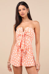 Inez Peach and White Print Tie-Front Romper
