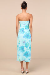 Jaylah Aqua Blue Floral Mesh Strapless Midi Dress