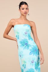 Jaylah Aqua Blue Floral Mesh Strapless Midi Dress