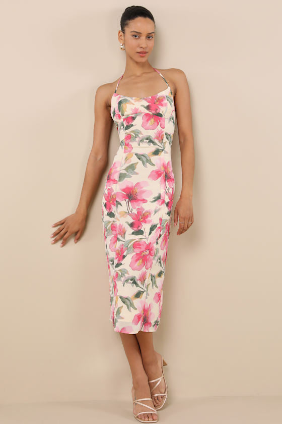 Harleigh Light Yellow Floral Column Halter Midi Dress