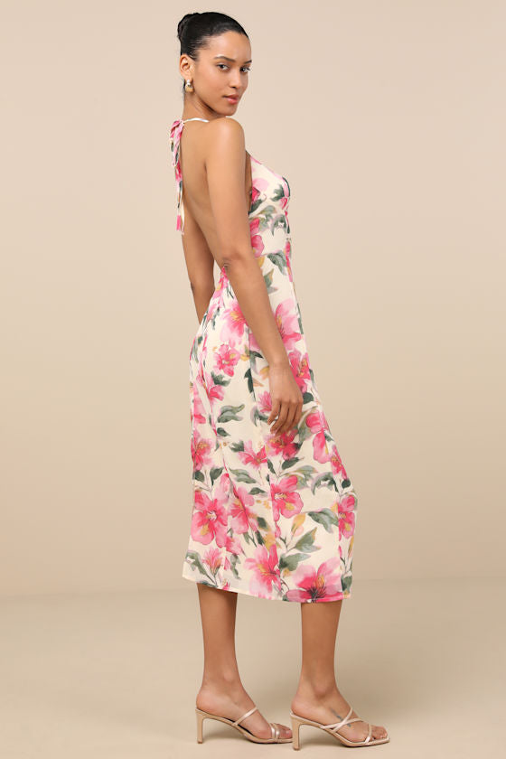 Harleigh Light Yellow Floral Column Halter Midi Dress