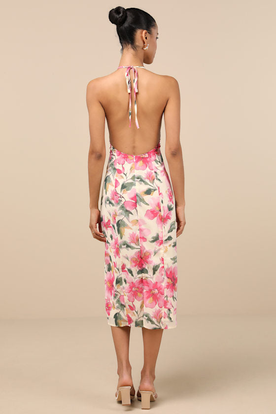 Harleigh Light Yellow Floral Column Halter Midi Dress