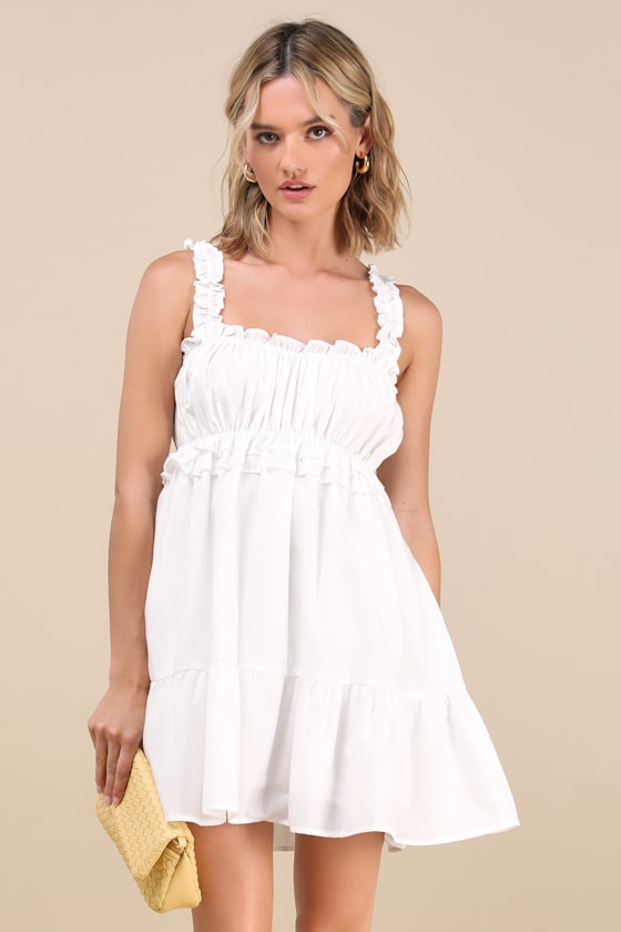 Nathaly White Poplin Ruffled Babydoll Mini Dress