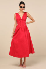 Lettie Red Poplin Plunge Neck Midi Dress