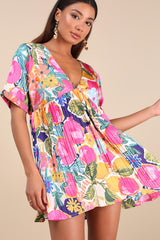 Express Yourself Pink Multi Floral Print Satin Babydoll Dress