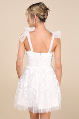 Classic Romance White 3D Floral Applique Tie-Strap Mini Dress