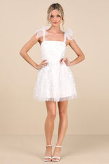 Classic Romance White 3D Floral Applique Tie-Strap Mini Dress