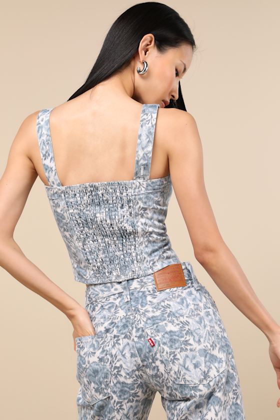 Sculpted Medium Wash Floral Bustier Top