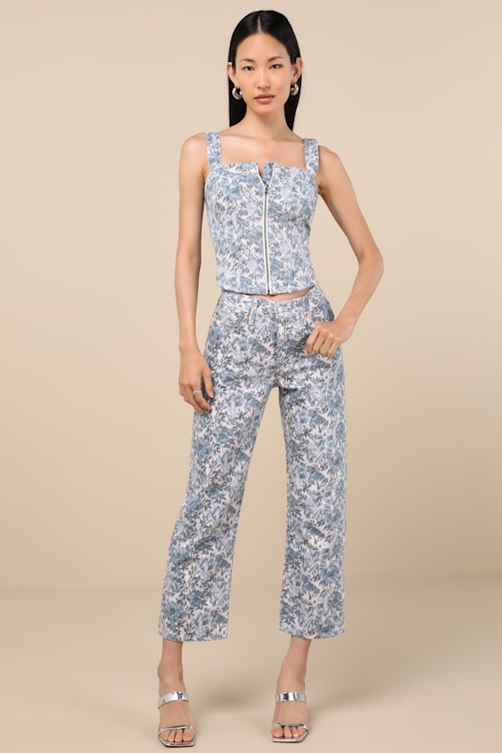 Sculpted Medium Wash Floral Bustier Top