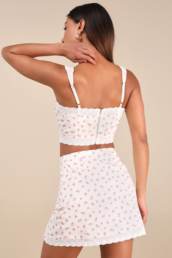 Emanita Ivory Ditsy Floral Two-Piece Bodycon Mini Dress