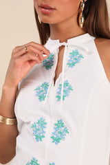 Jovelyn White Floral Embroidered Mock Neck Mini Dress