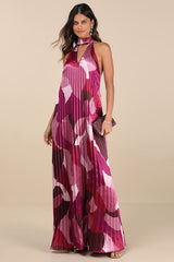 Prime Poise Pink Multi Abstract Satin Halter Maxi Dress