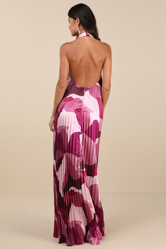 Prime Poise Pink Multi Abstract Satin Halter Maxi Dress