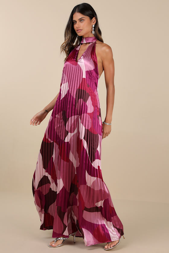 Prime Poise Pink Multi Abstract Satin Halter Maxi Dress