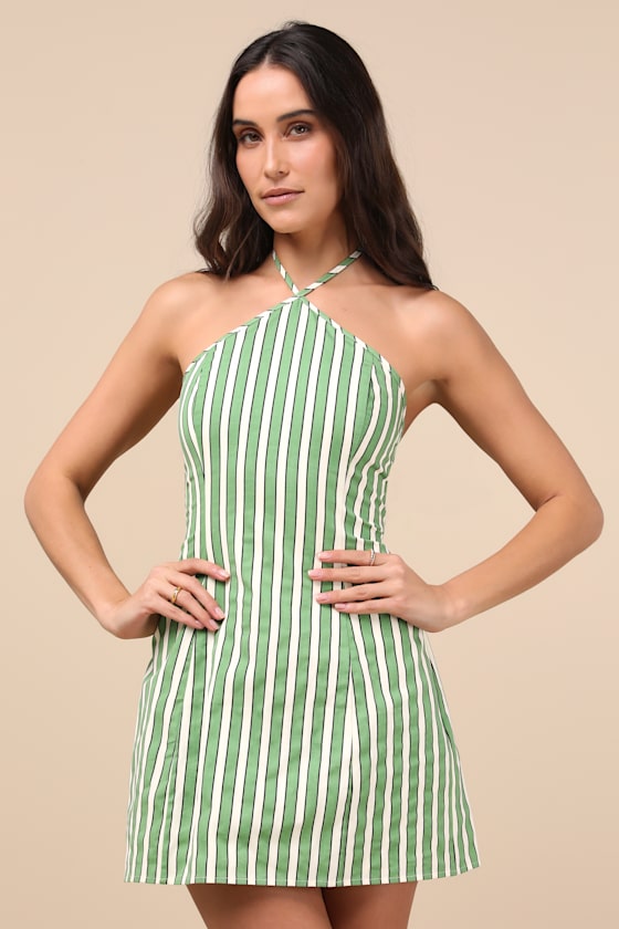 Madelia Green Striped Halter Mini Dress